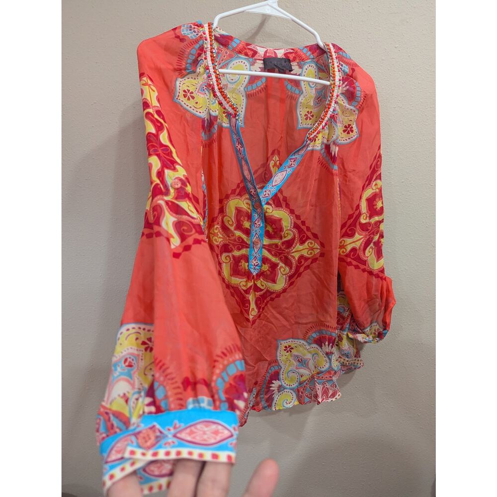 Hale Bob 100% silk and beaded neon mandala style print top w/roll tab sleeve top - Picture 2 of 10